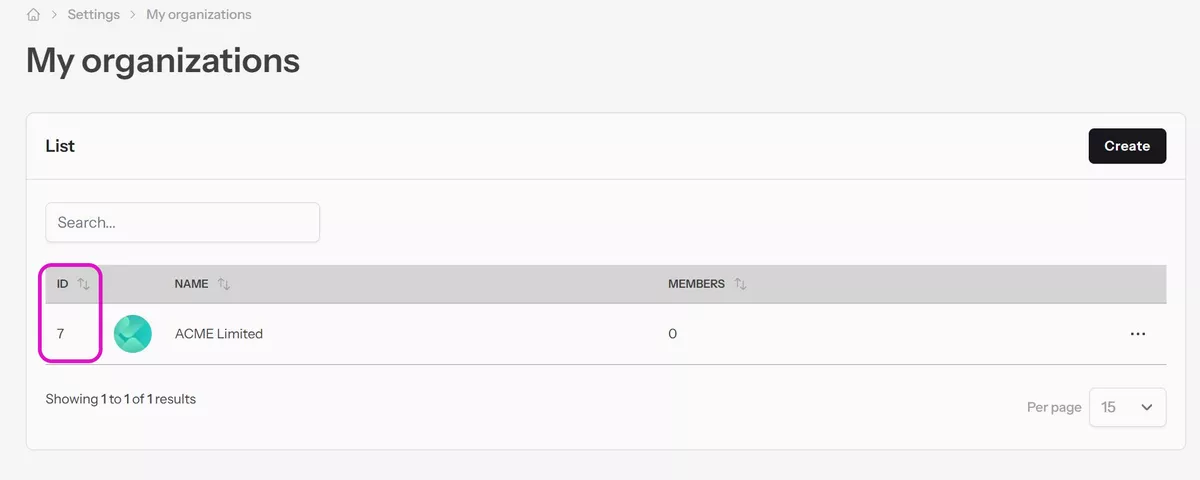 Il-paġna My organizations fl-app UpMLM, bil-kolonna ID enfasizzata